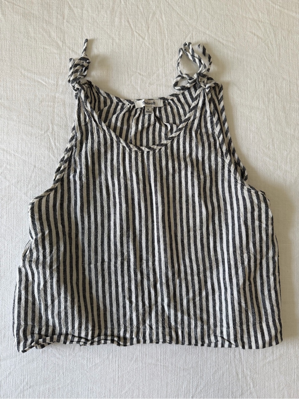 Madewell Black and White Linen Blend Striped Tie Shoulder Tank Top